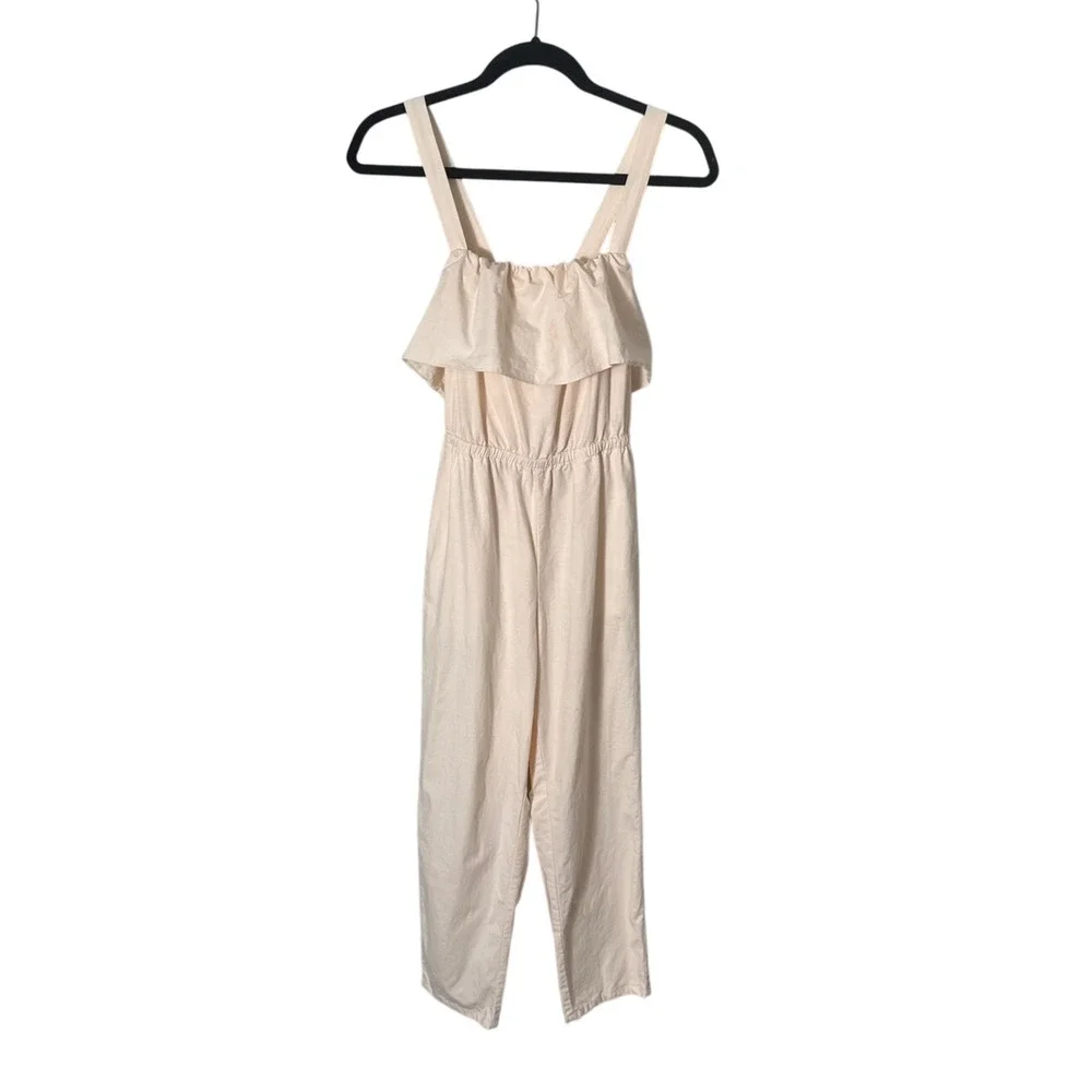 Madewell Apron Ruffle Linen Blend Jumpsuit in Cream‎ H8825 Size S